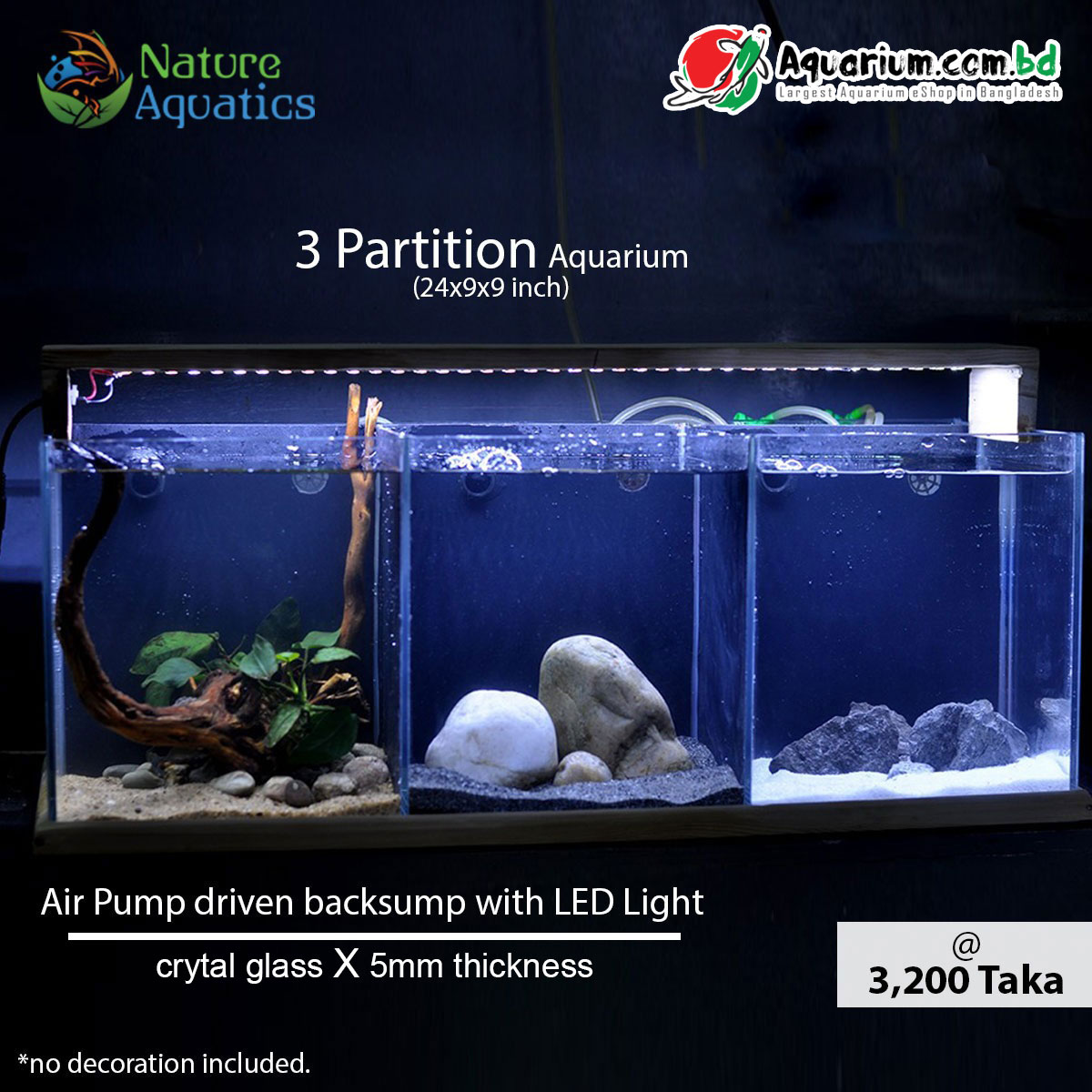 3-Partition-Aquarium--24x9x9-inch(Air-Pump-driven-backsump-with-LED-Light